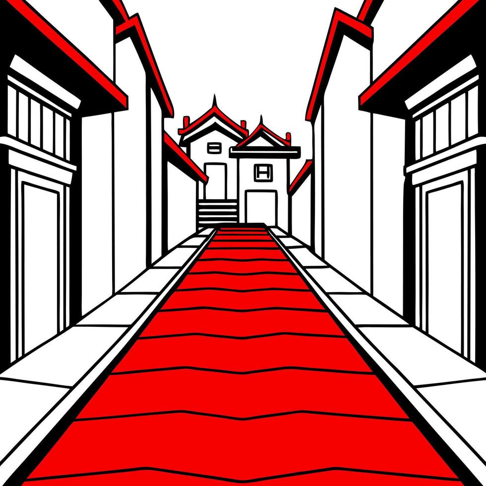 mystical empty red lights street in spooky ancient town 3d art illustration scary alley of oldtown vector