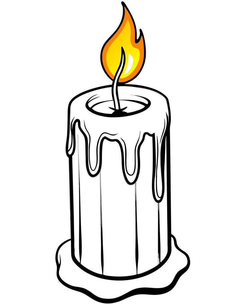 a simple, dripping wax candle with a bright flame the candle is white and has thick layers of wax vector