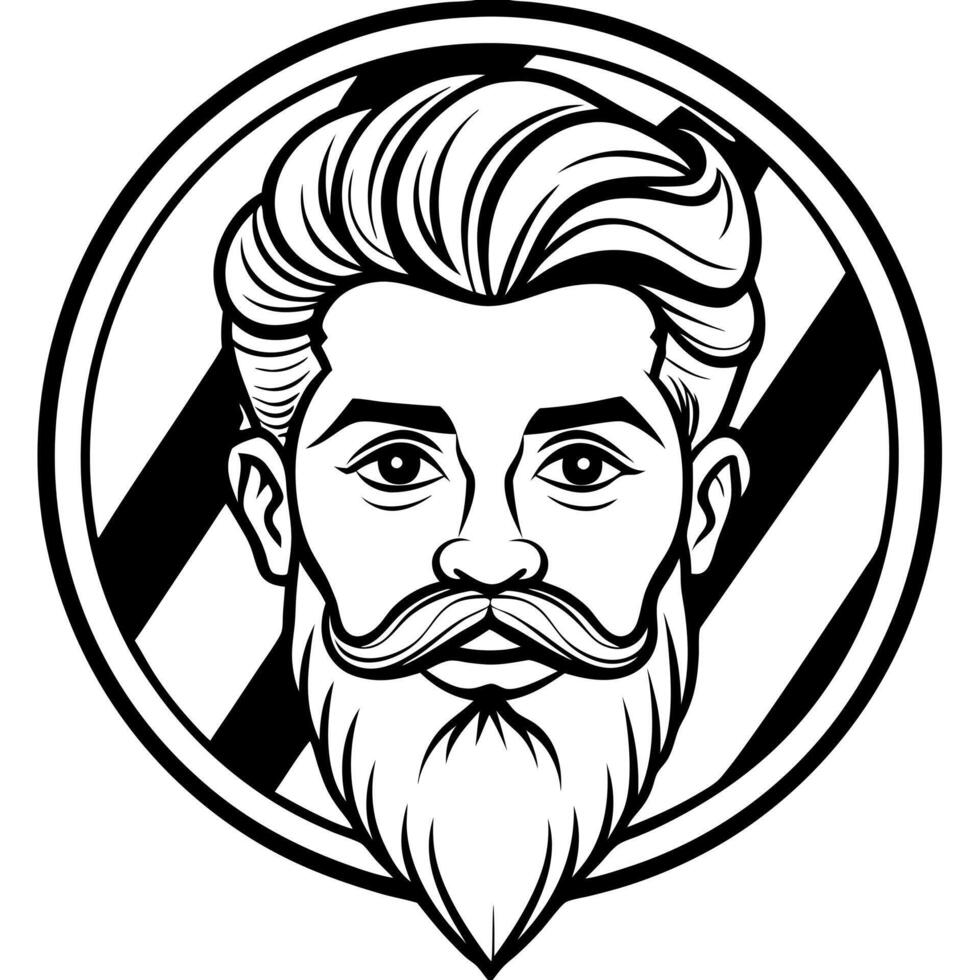 black and white barber shop logo with black thick outline and white background, illustration vector