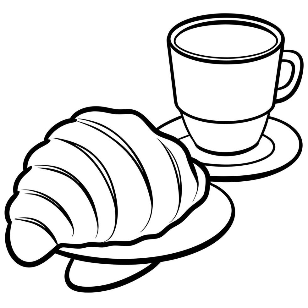 a french croissant and a cup of coffee in the background, illustration line art vector