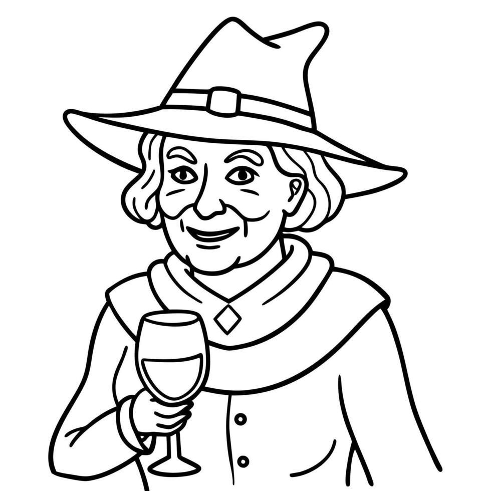 elderly old lady wearing a witch costume and holding a glass of wine at a halloween party, vector