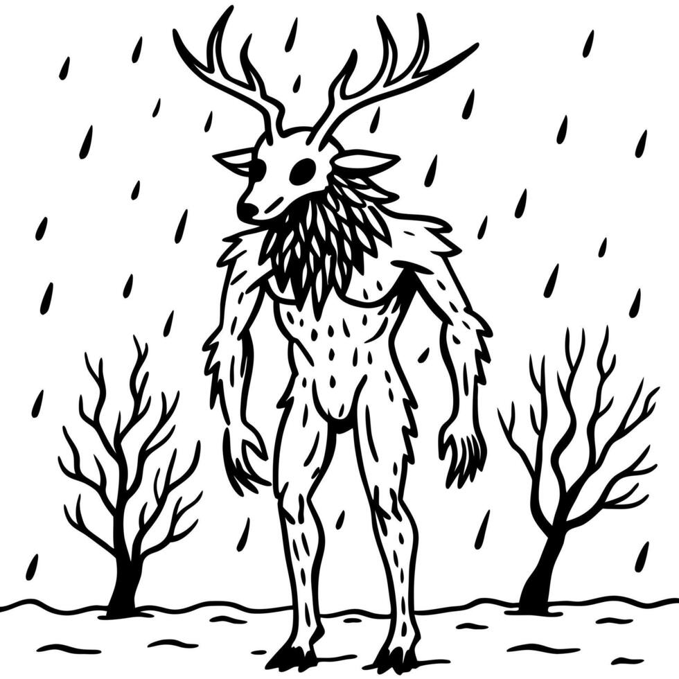 a wendigo in a misty forest rain falling water pooling on the ground god mystical dramatic dark vector