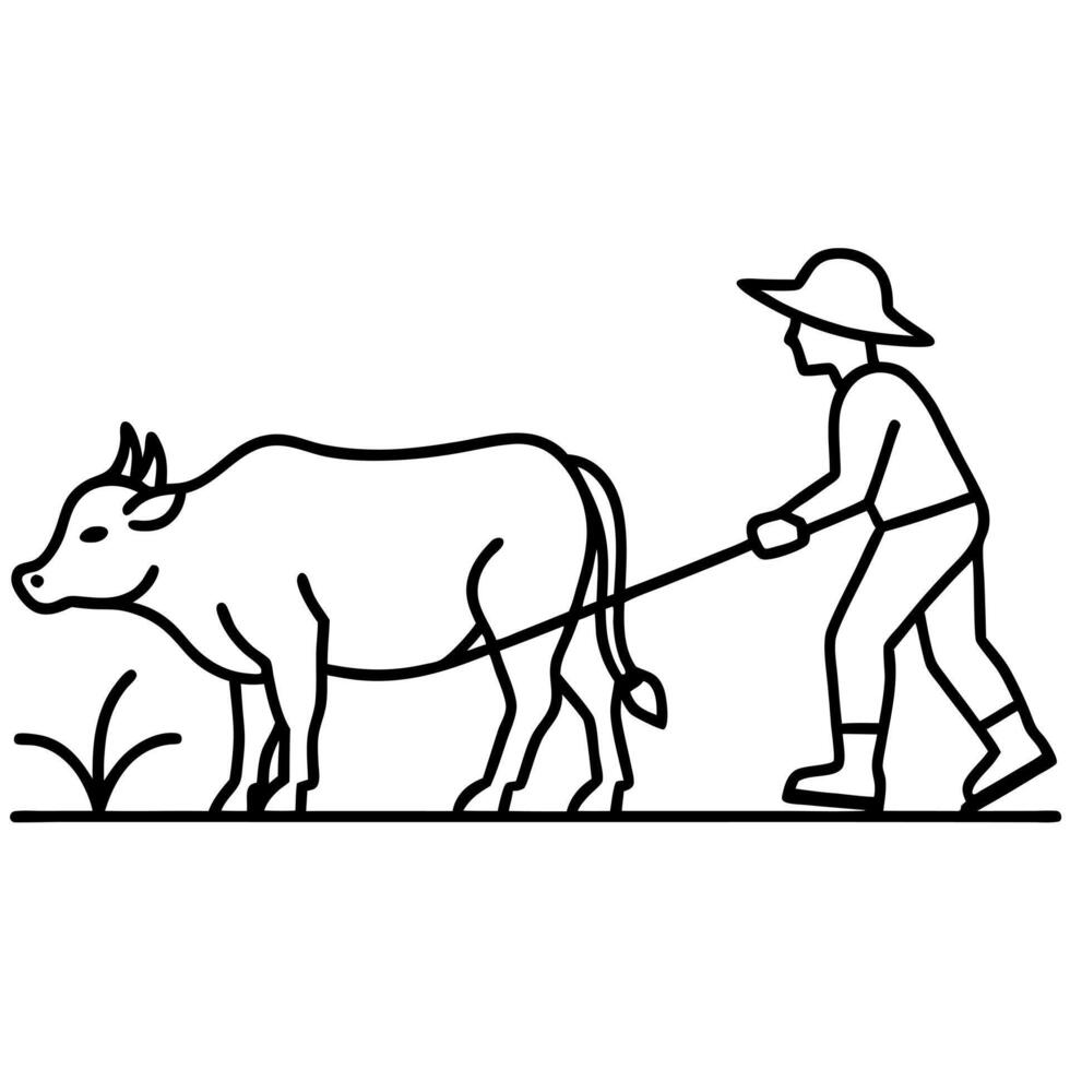 indian farmer ploughing ox in the field simple background, illustration line art vector