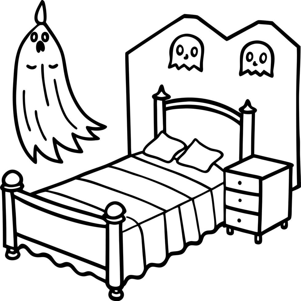 dark spooky room with an old bed, a nightmare and a ghost under the bed, illustration line vector