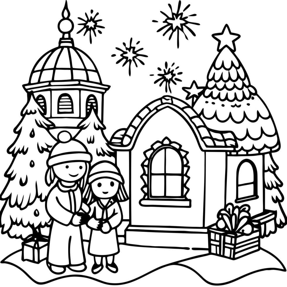 coloring page, bold line art, christmas scene, childrens illustration style, illustration vector