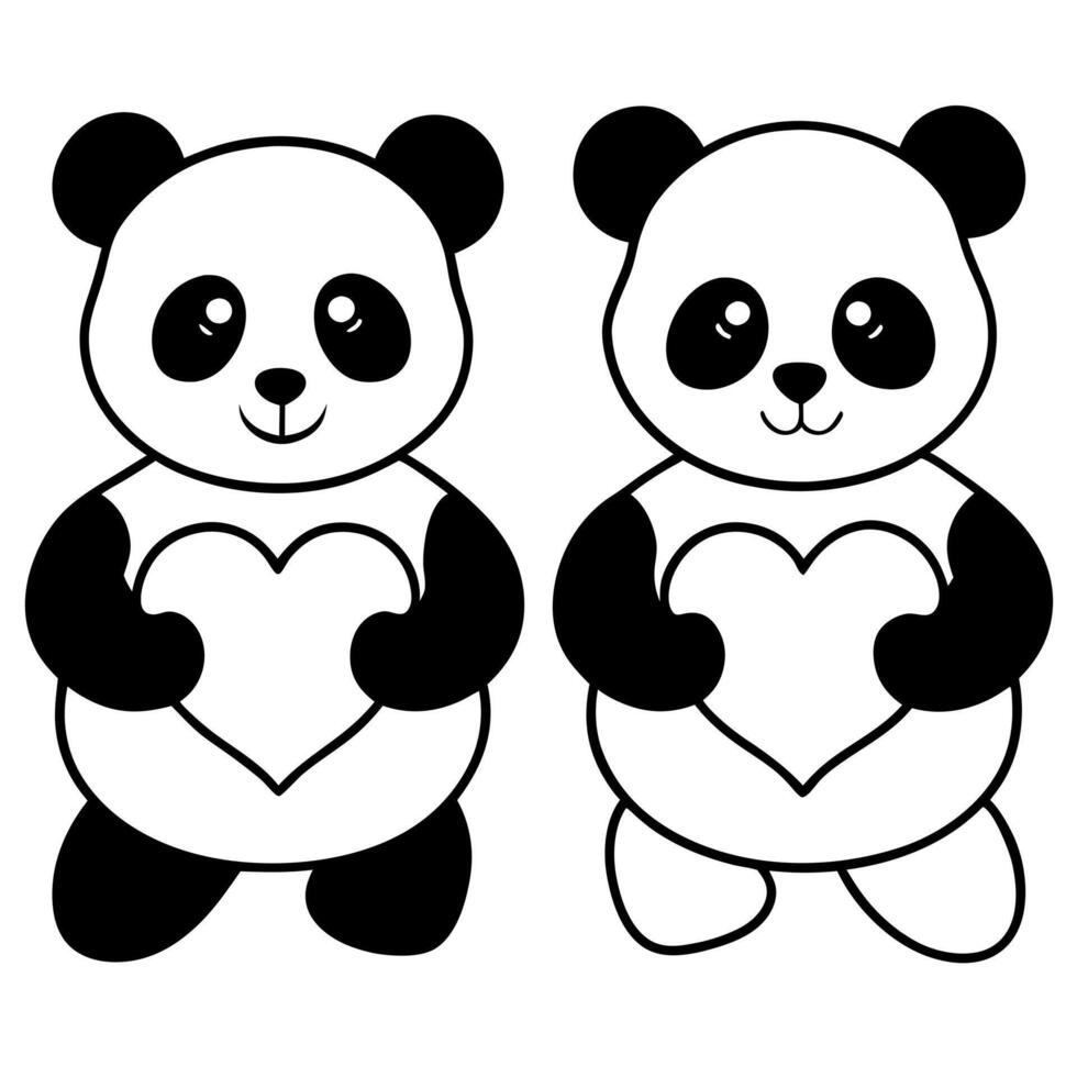 panda bears holding hearts, illustration line art vector