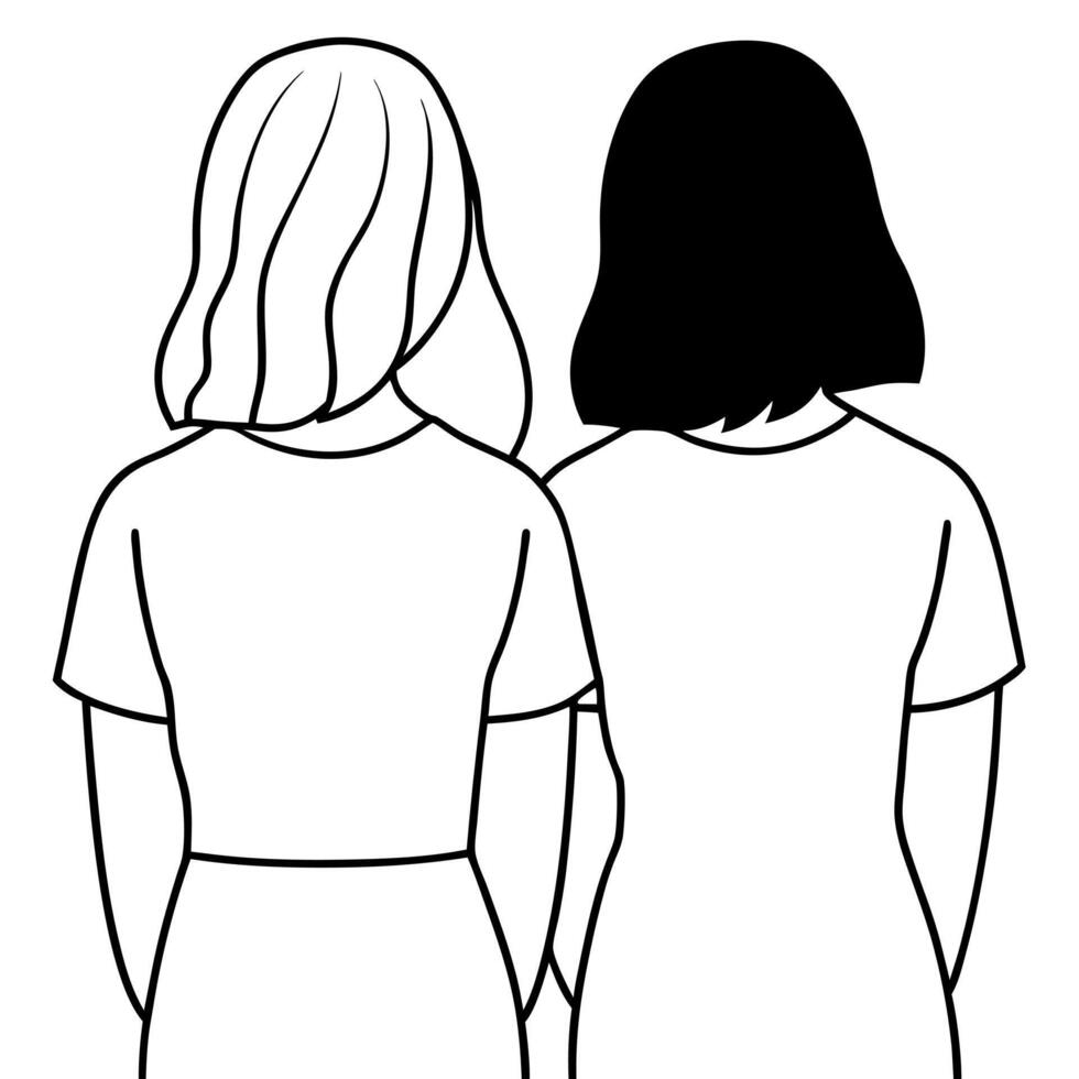 back view of two sisters, illustration line art vector