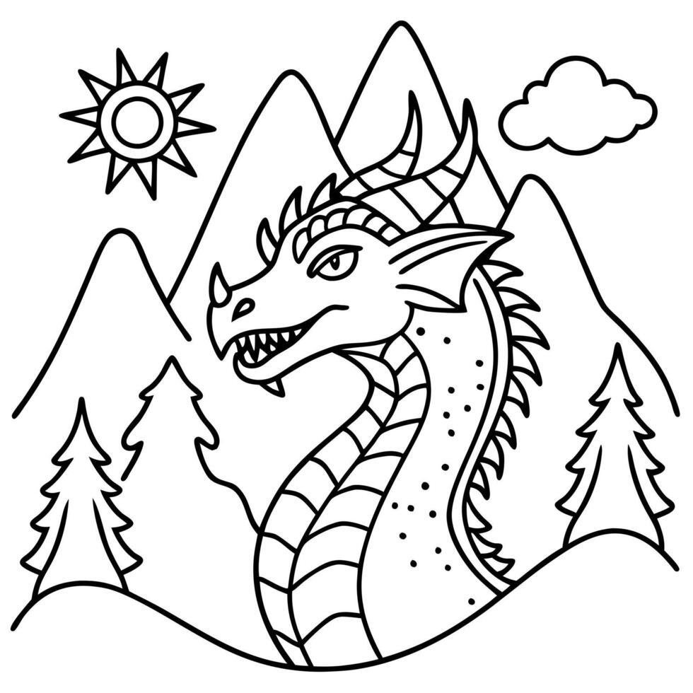 fantasy illustration with a dragon in the mountains, illustration line art vector