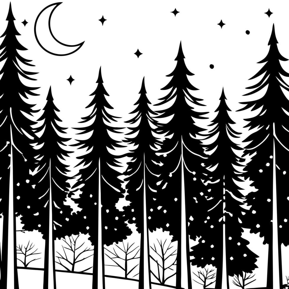 moonlit forest with tall trees digital art illustration, illustration line art vector