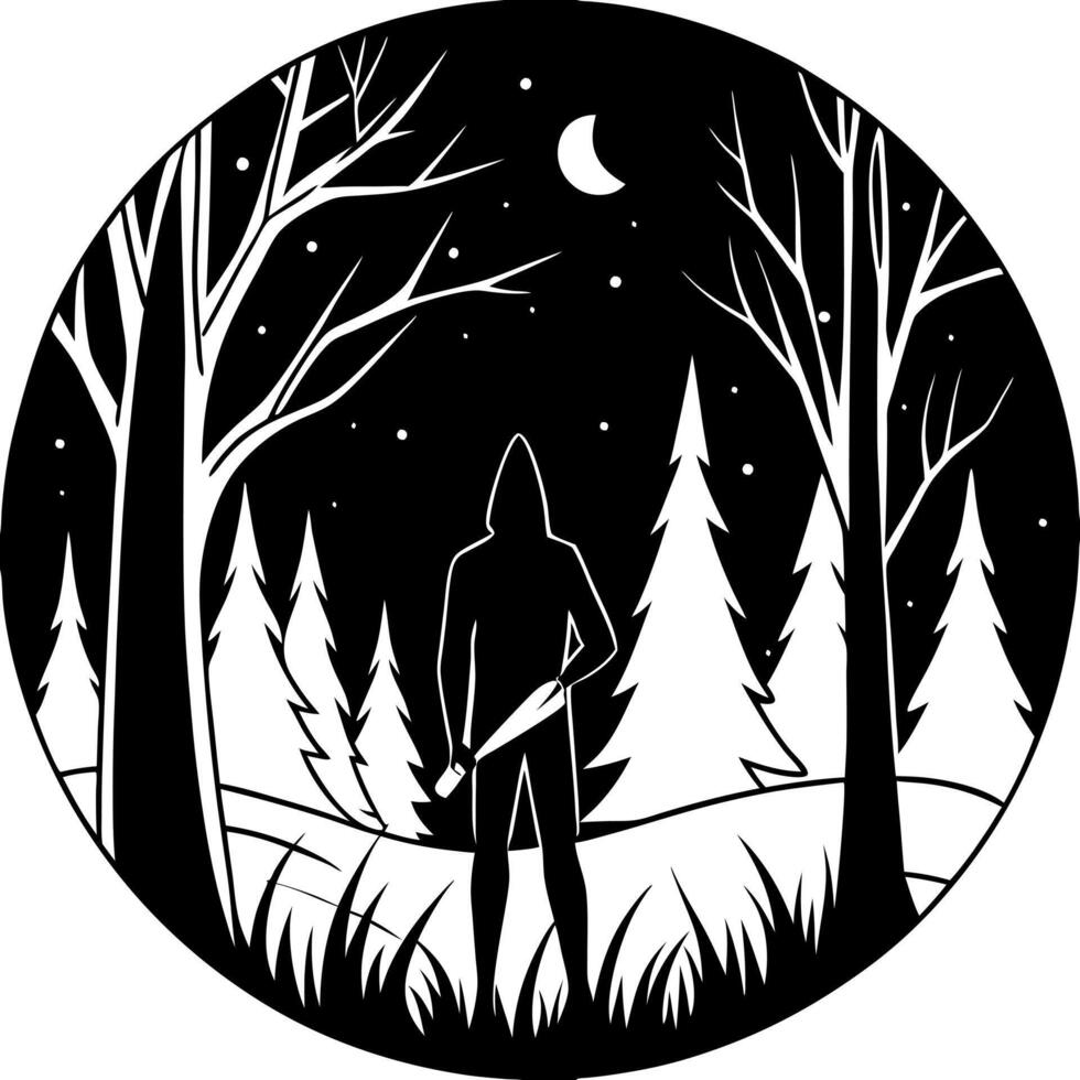 dark forest at night with eerie silhouette and knife, illustration line art vector