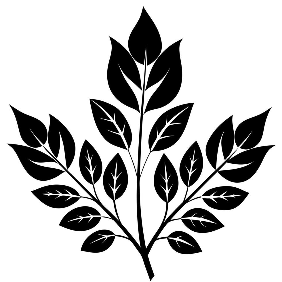 a black and white silhouette of a plant with leaves, intricate art deco leaf designs, branches and vector
