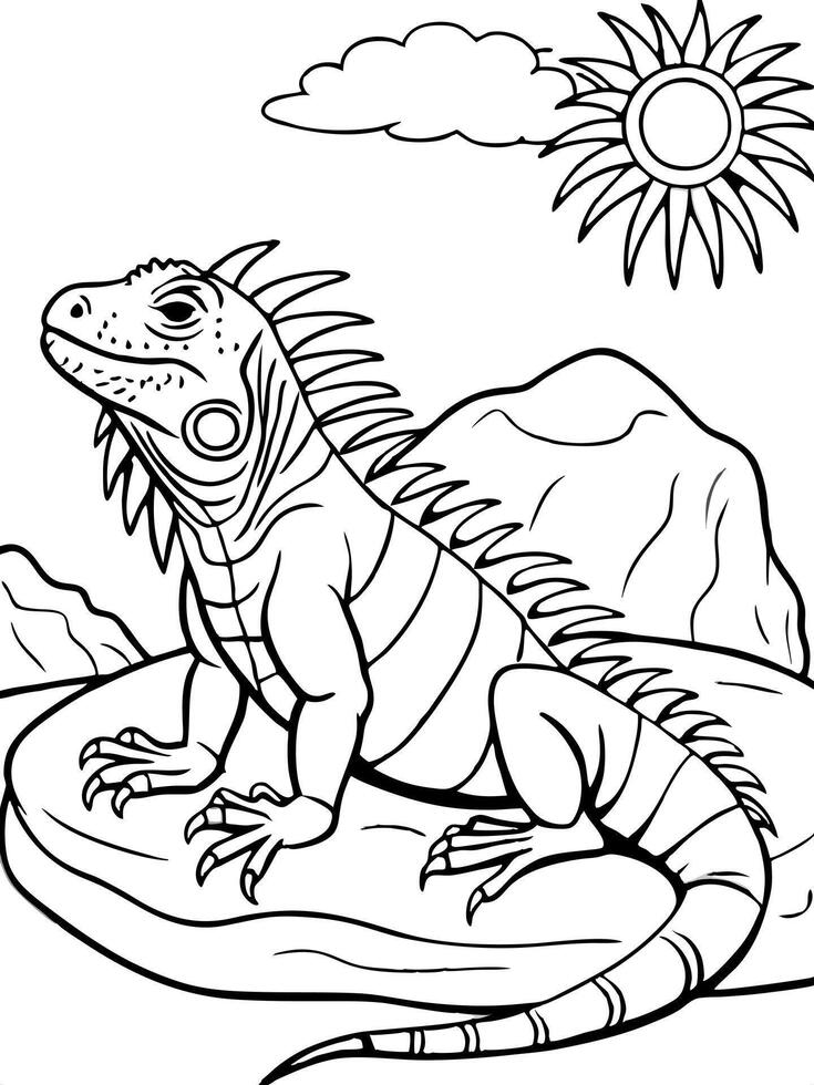 a cute iguana sunning itself on a rock, with its scales shimmering and a tropical beach settinga, vector