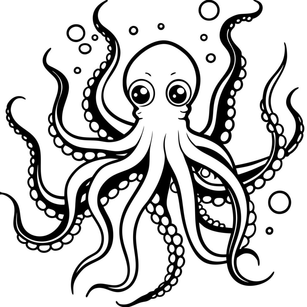 mysterious octopus in a dark aquatic world, illustration line art vector