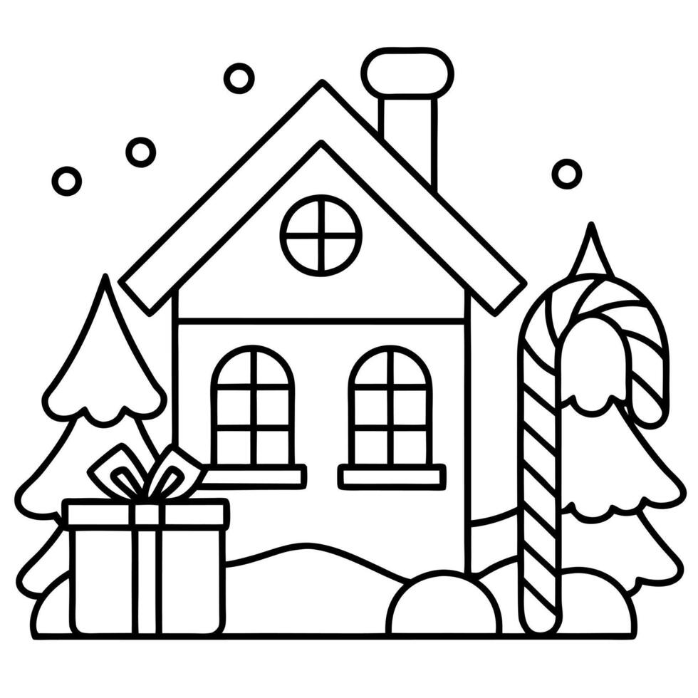 a charming christmas cabin nestled in the snow with a giant candy cane fence and presents stacked vector