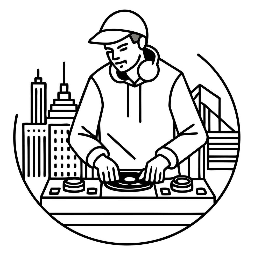 dynamic shot of a hip hop dj scratching on a turntable, vibrant neon light illuminating the vector