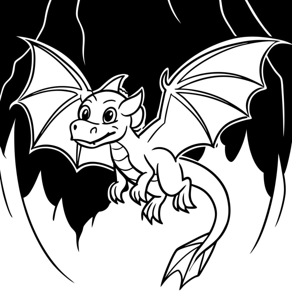 a tiny ferocious dragon flying in a vast dark cave, illustration line art vector