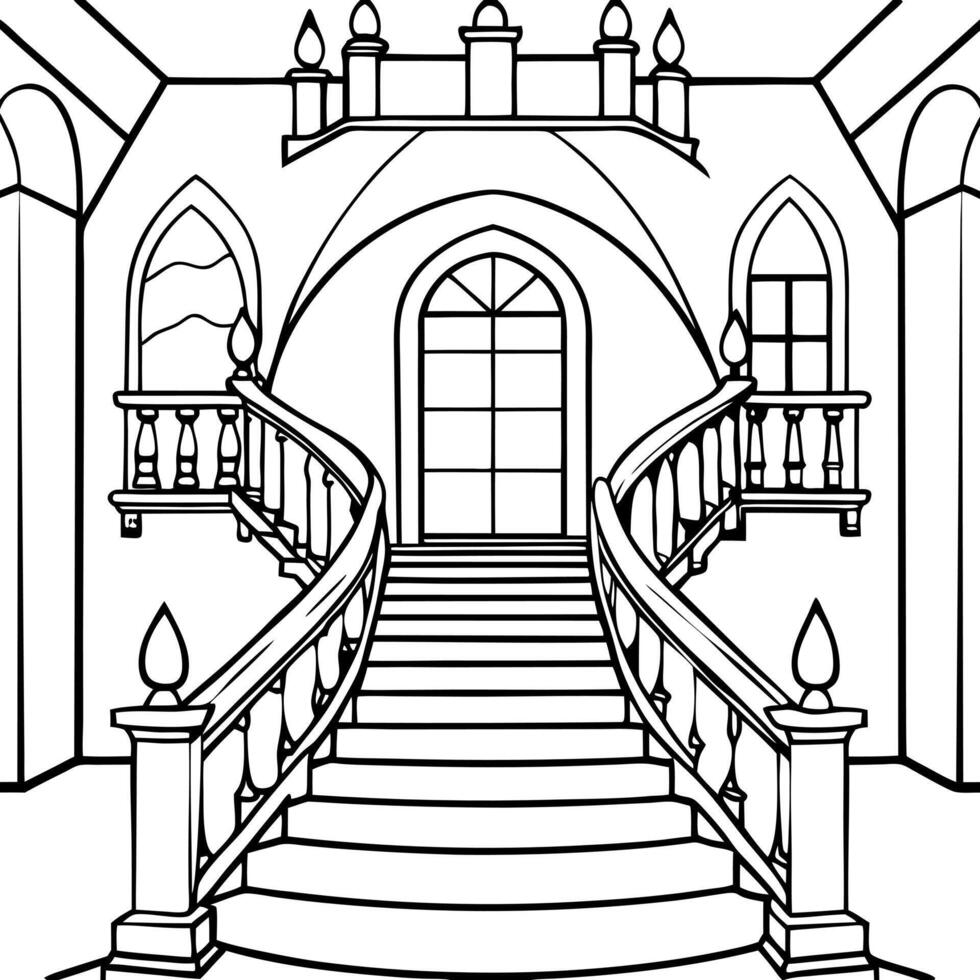 eerie interior of abandoned haunted mansion, with a grand staircase leading through its decaying vector