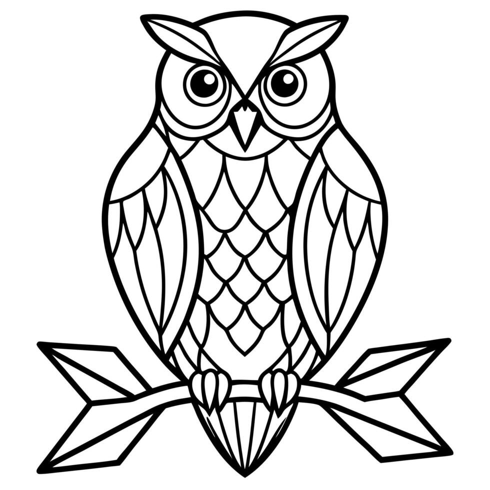 an elegant owl perched on a branch, its feathers detailed with thin geometric patterns, vector