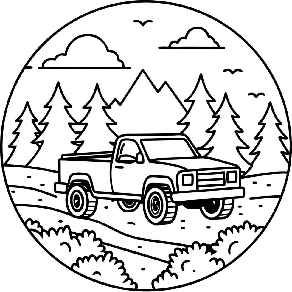 off-road pickup truck, 4x4, on a dirt road in the middle of a spooky forest, illustration vector
