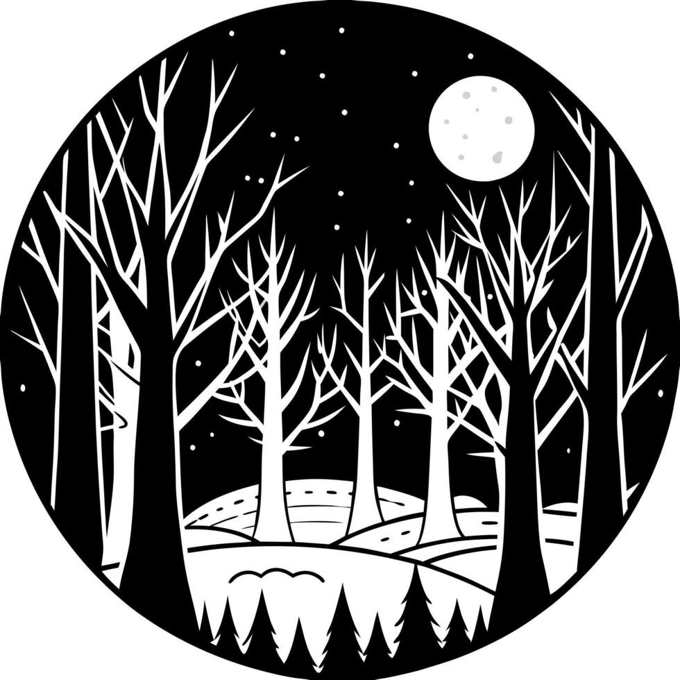 mystical spooky forest at night with full moon halloween background, illustration line art vector