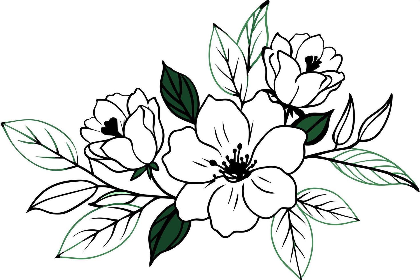 a soft watercolor illustration of pink, cream, and white flowers with green leaves use light vector