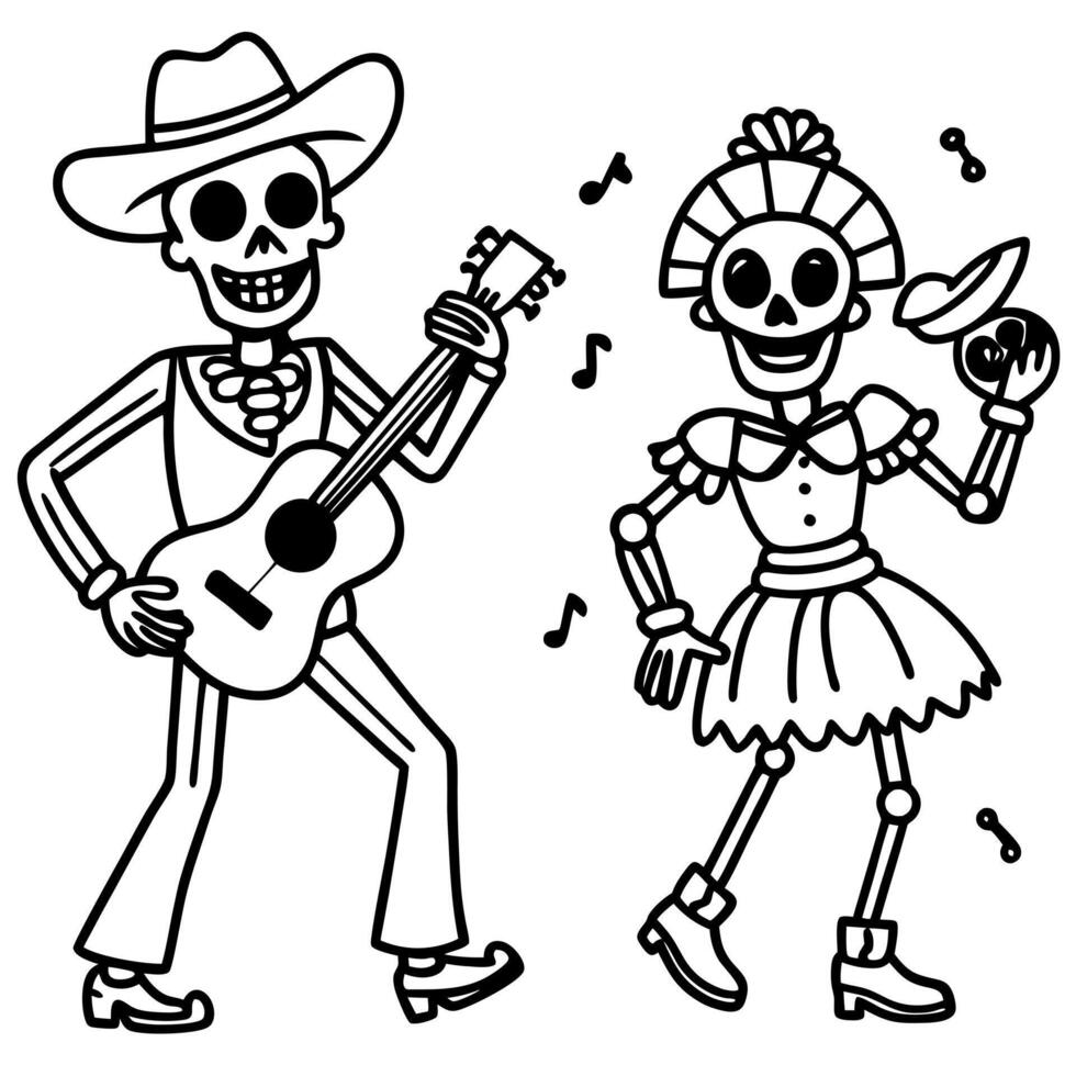 day of dead traditional poster, skeletons in mexican clothes play musical instruments and dance, vector