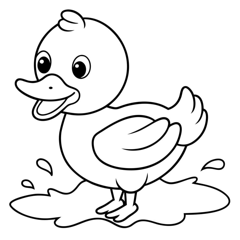 a cute cartoon coloring page duckling splashing in a puddle, illustration line art vector