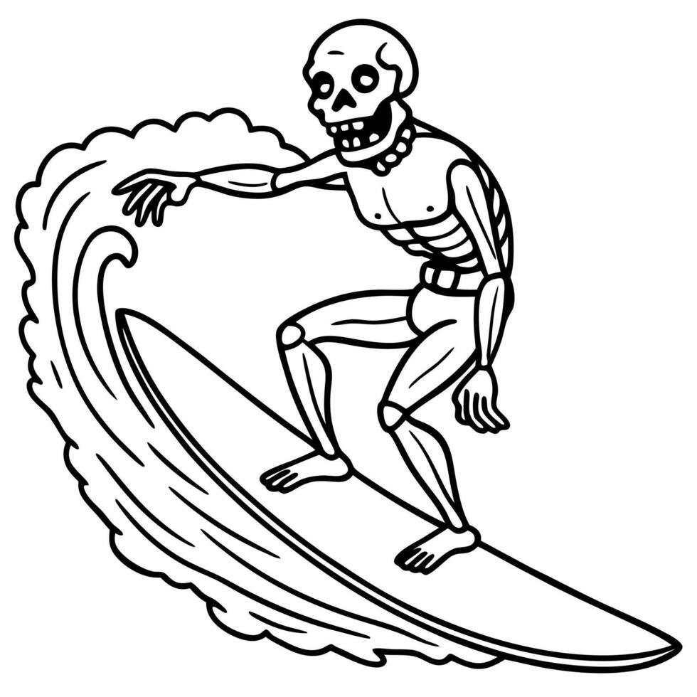 undead wave rider - old skeleton surfer with longboard surfing waves in hawaii in summer, vector