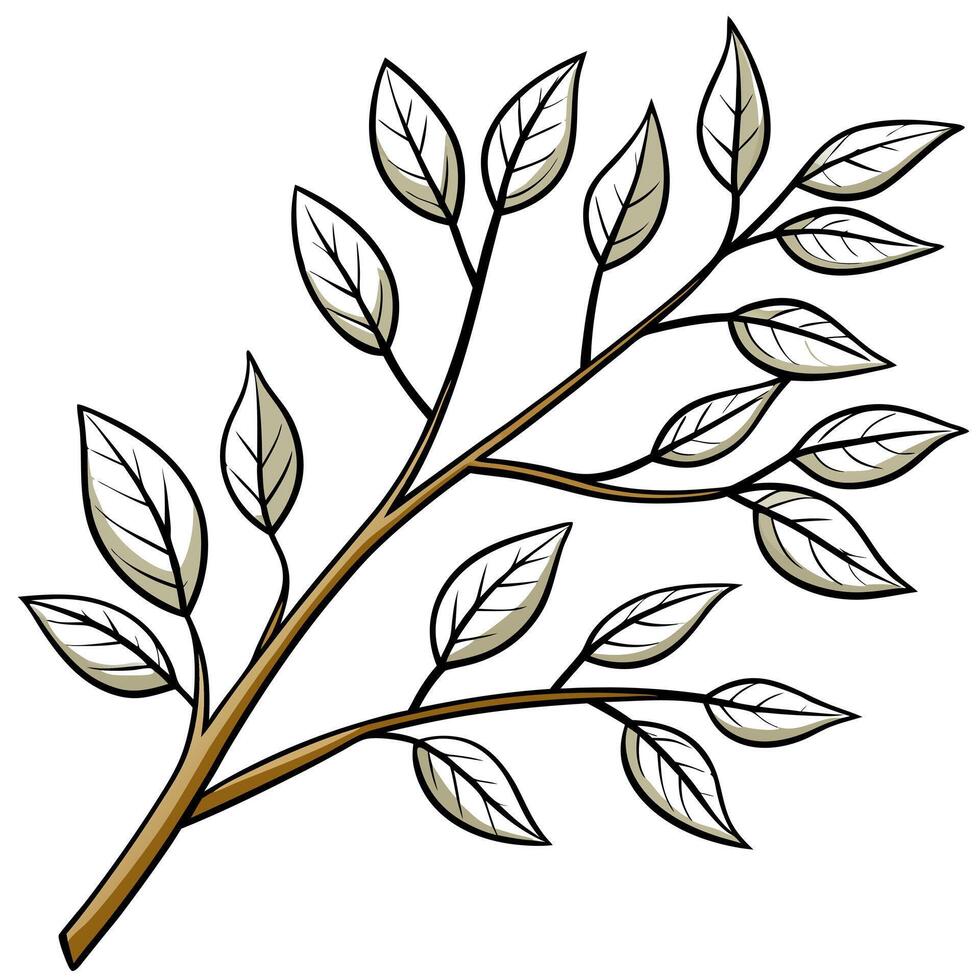 a thin tree branch with a few leafs, illustration line art vector