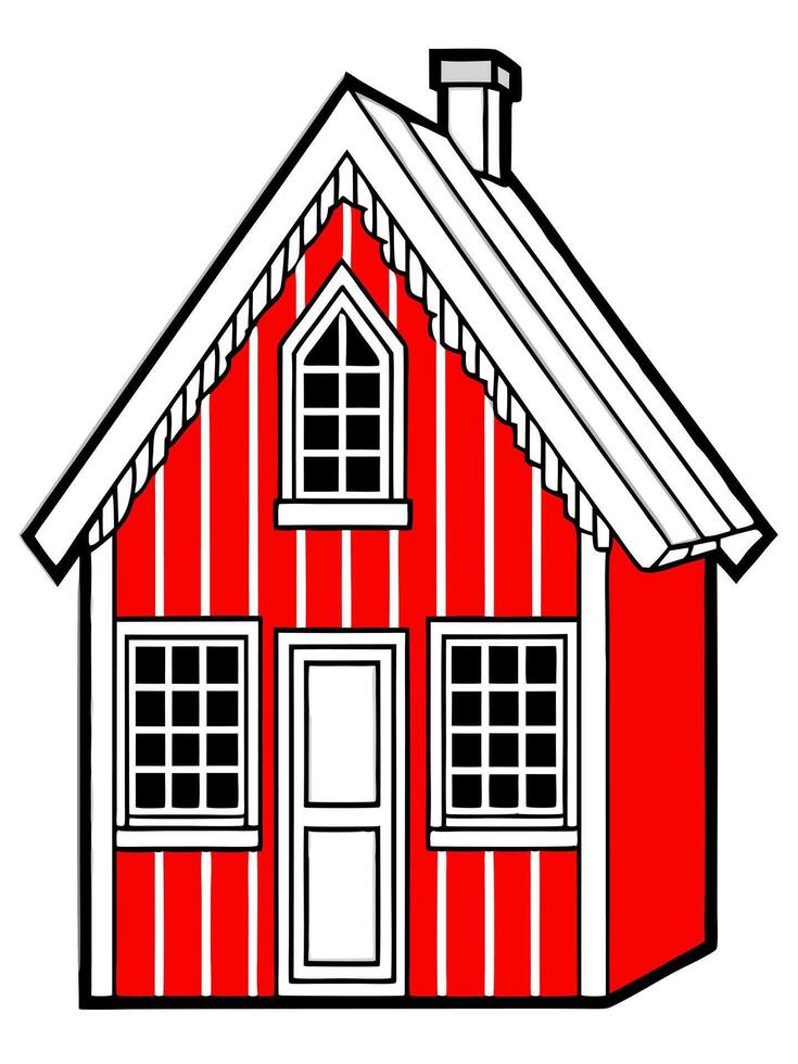a swedish red cottage with white trim, illustration line art vector