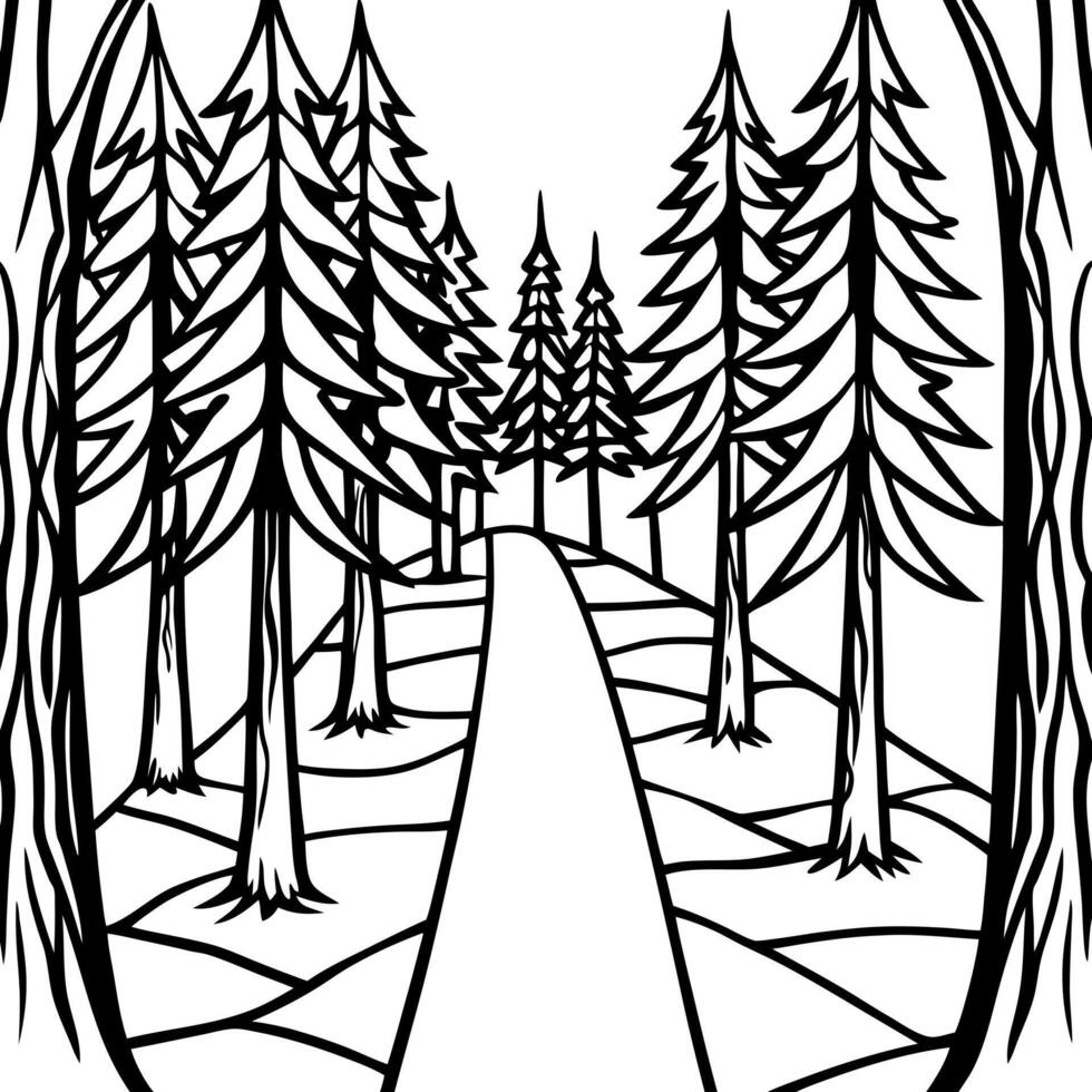 dark forest scene with a clear path among the trees, illustration line art vector