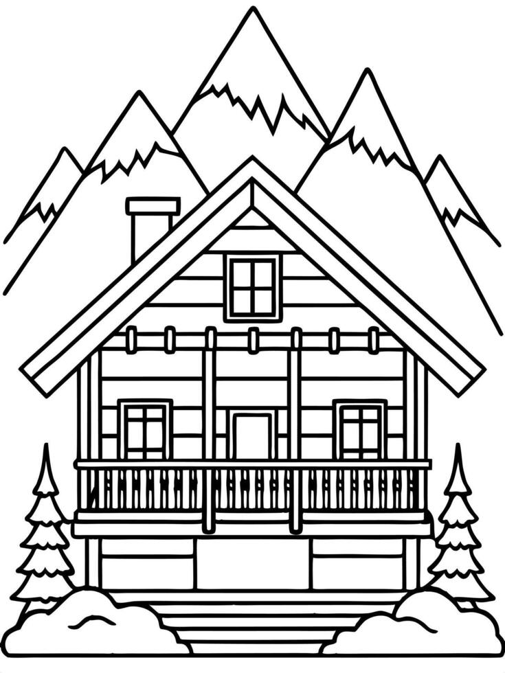 a wooden chalet from the swiss alps, illustration line art vector