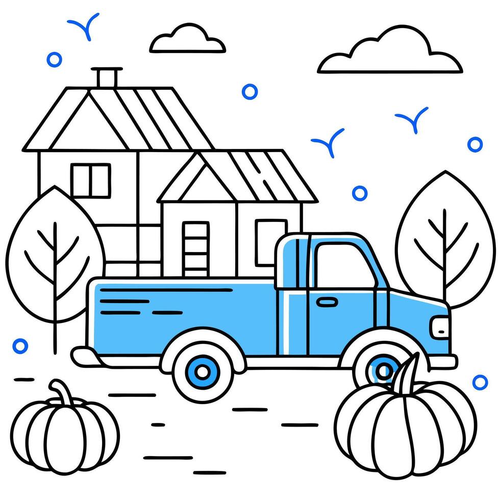 blue truck or lorry against world map and surrounded by orange pumpkins, fallen leaves, and tiny vector