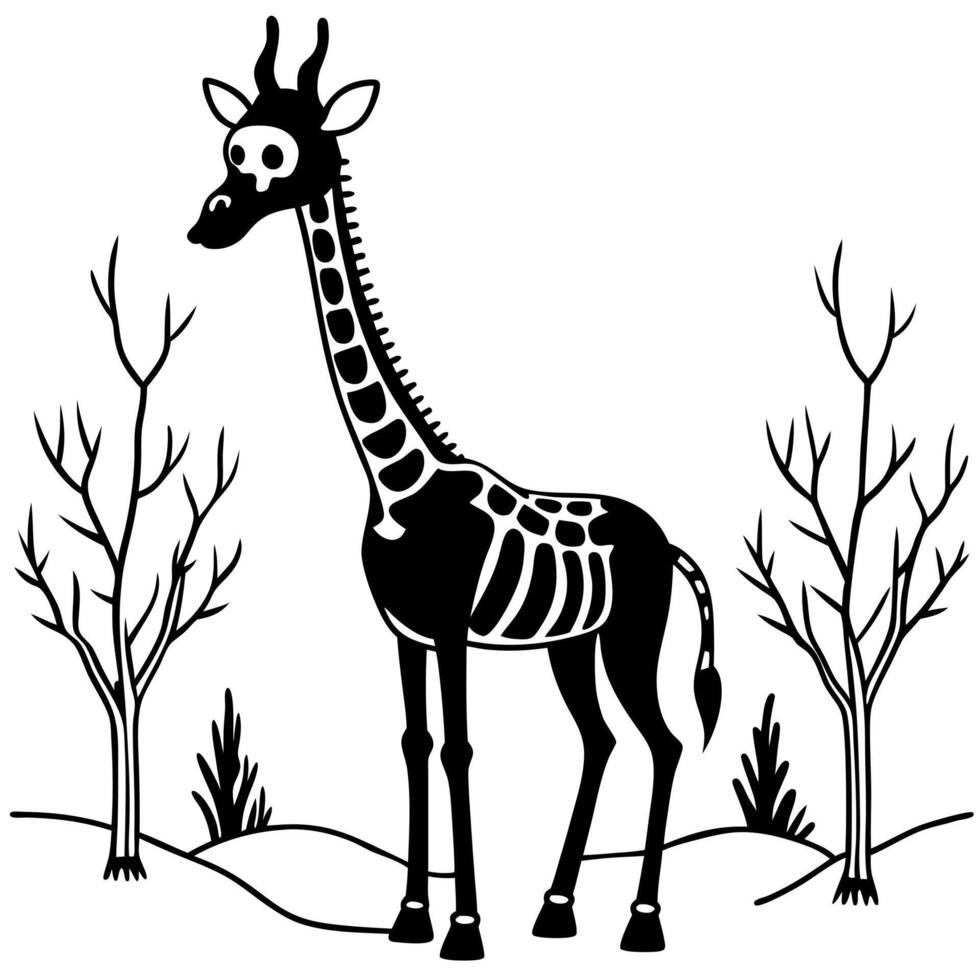 a giraffe wearing a skeleton suit, towering above a haunted forest with its long neck glowing in vector