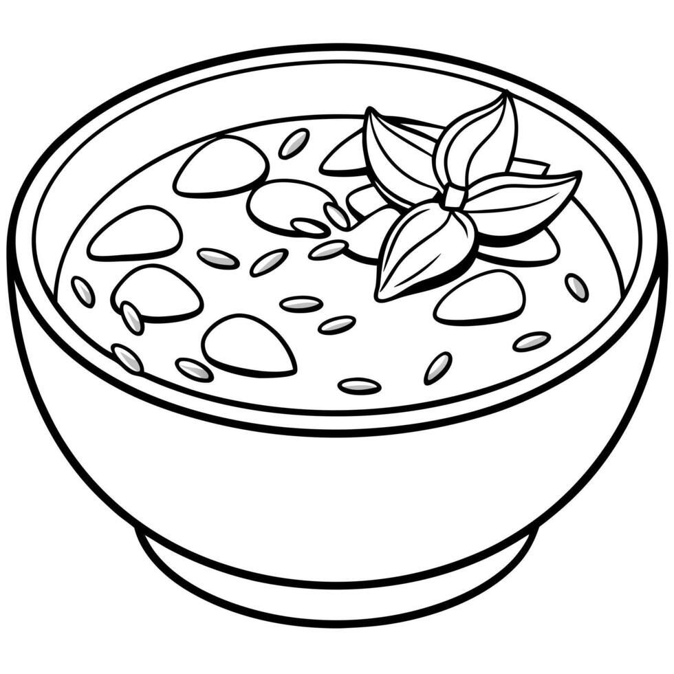a bowl of creamy pumpkin soup with roasted pumpkin seeds on top, illustration line art vector