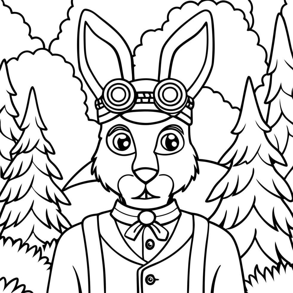 digital painting of a steampunk rabbit inventor in foreast background, illustration line art vector