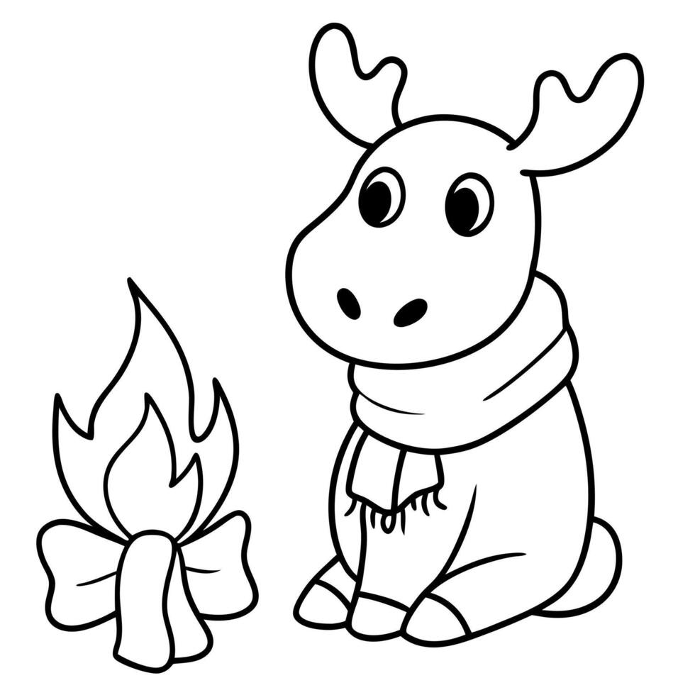 a cute cartoon little moose wearing a scarf next to a campfire, illustration line art vector