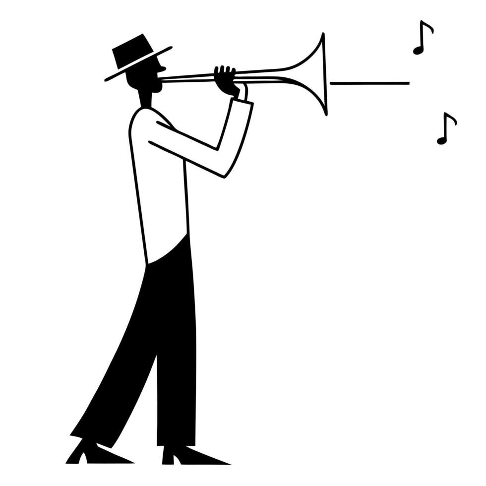 a primitive hand-drawn man plays the trumpet, illustration line art vector