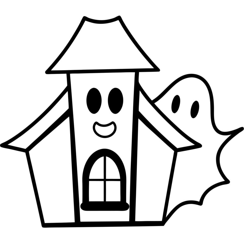 cartoon ghost coming out of a haunted house with bold, easy-to-color walls, illustration vector