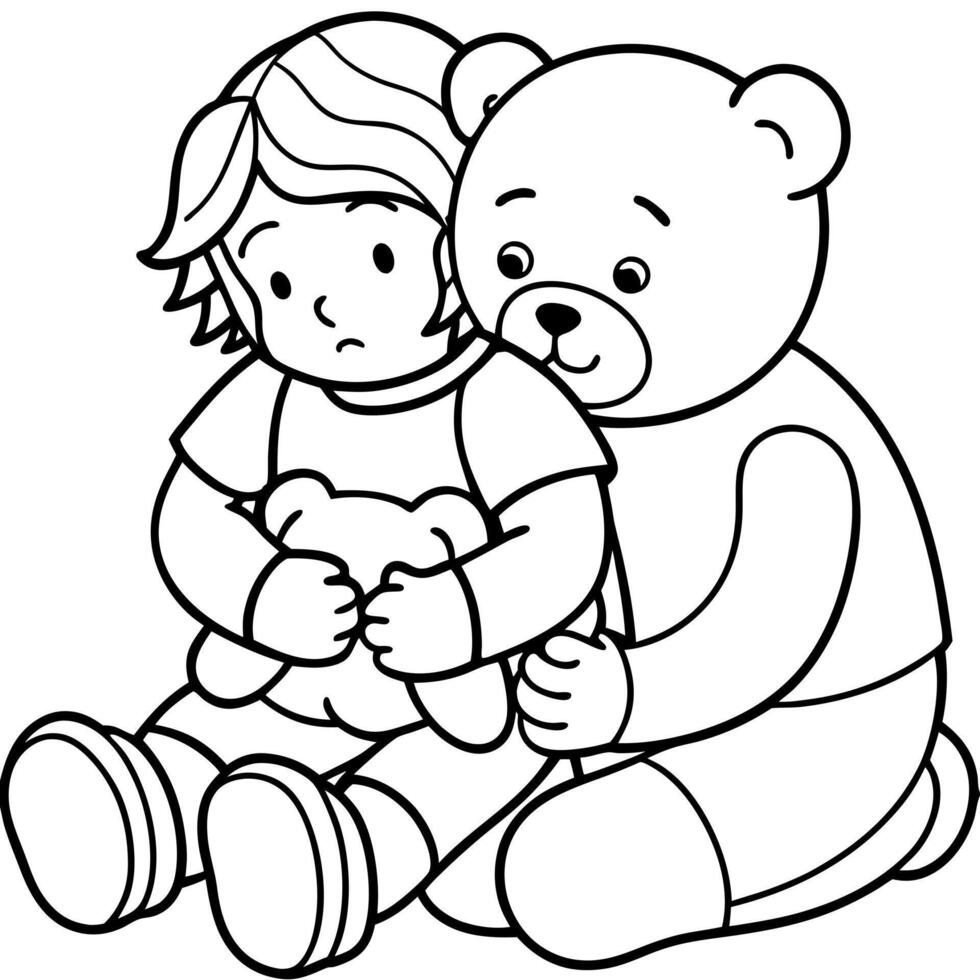 a teddy bear comforting a friend who is feeling sad, illustration line art vector