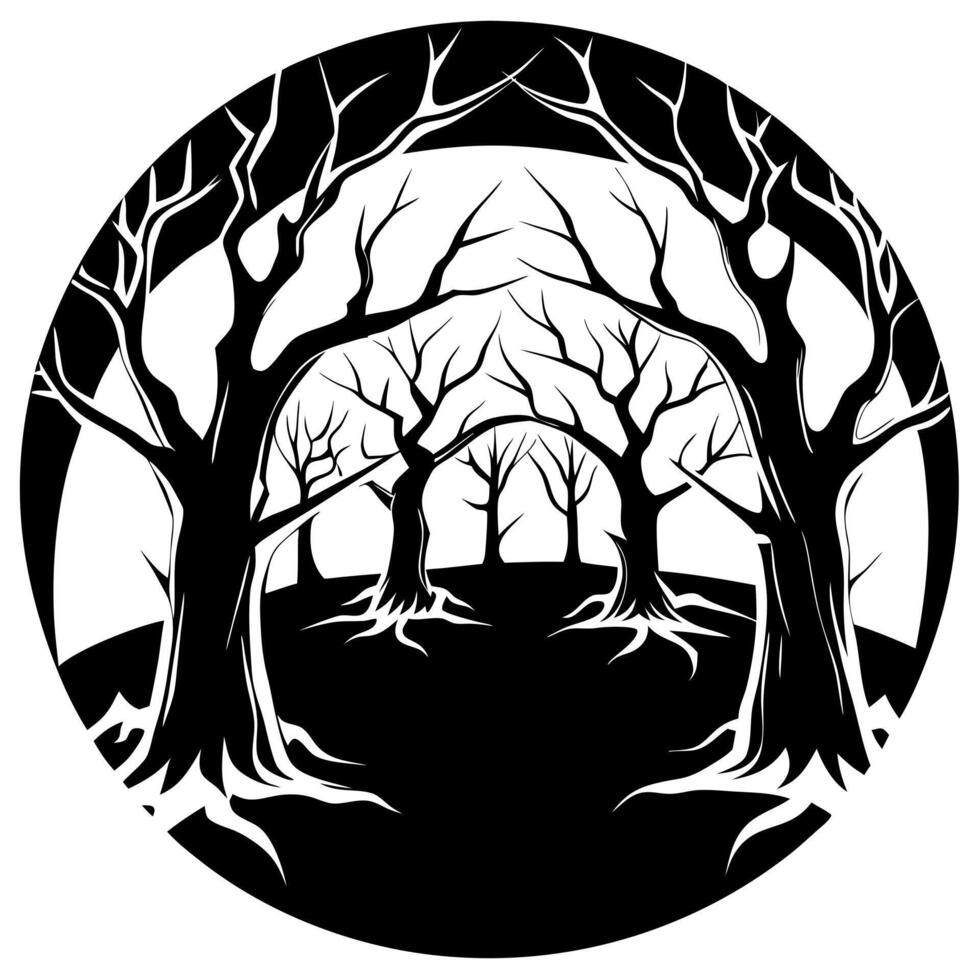 eerie halloween woods with misty atmosphere and twisted trees horror concept illustration, vector