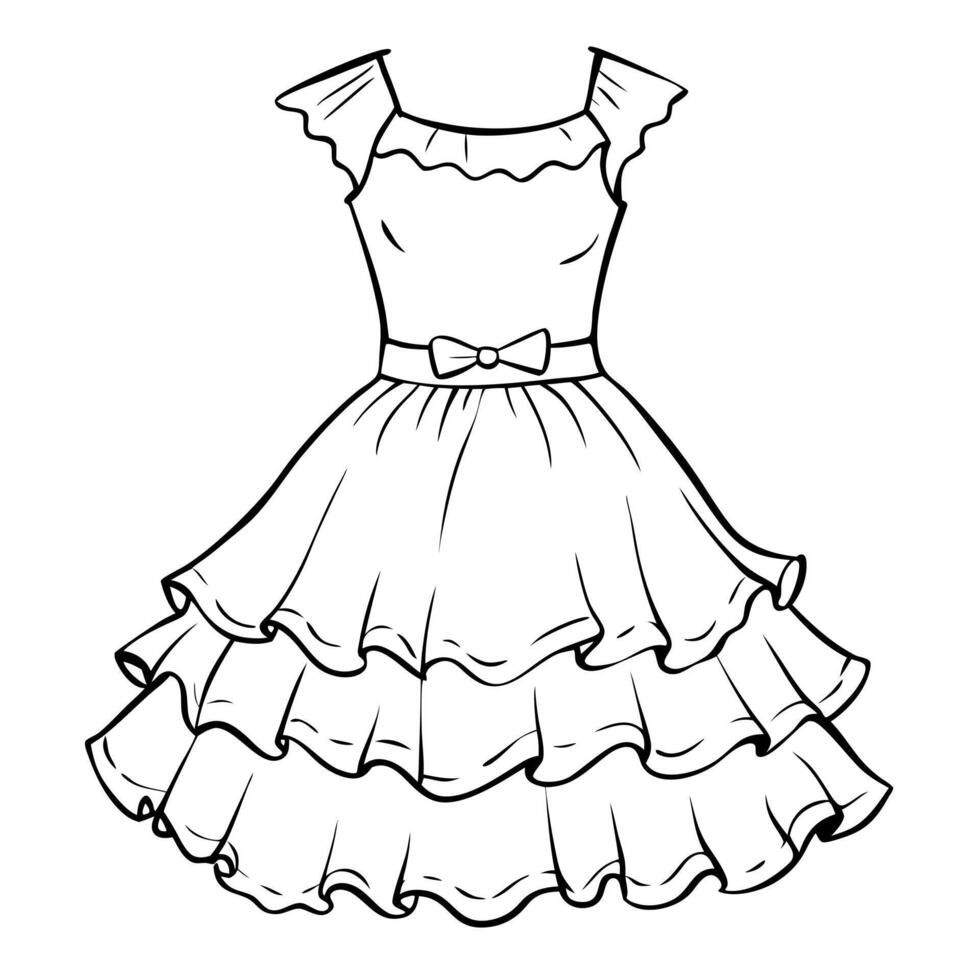 ruffle hem dress design, smooth line, , white background, illustration line art vector