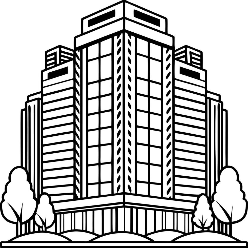 a stylized representation of a tall, modern office building, illustration line art vector