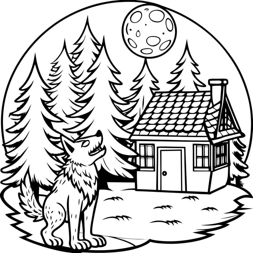 a cute werewolf howling at the moon in front of a haunted cabin in the middle of a dark forest, vector