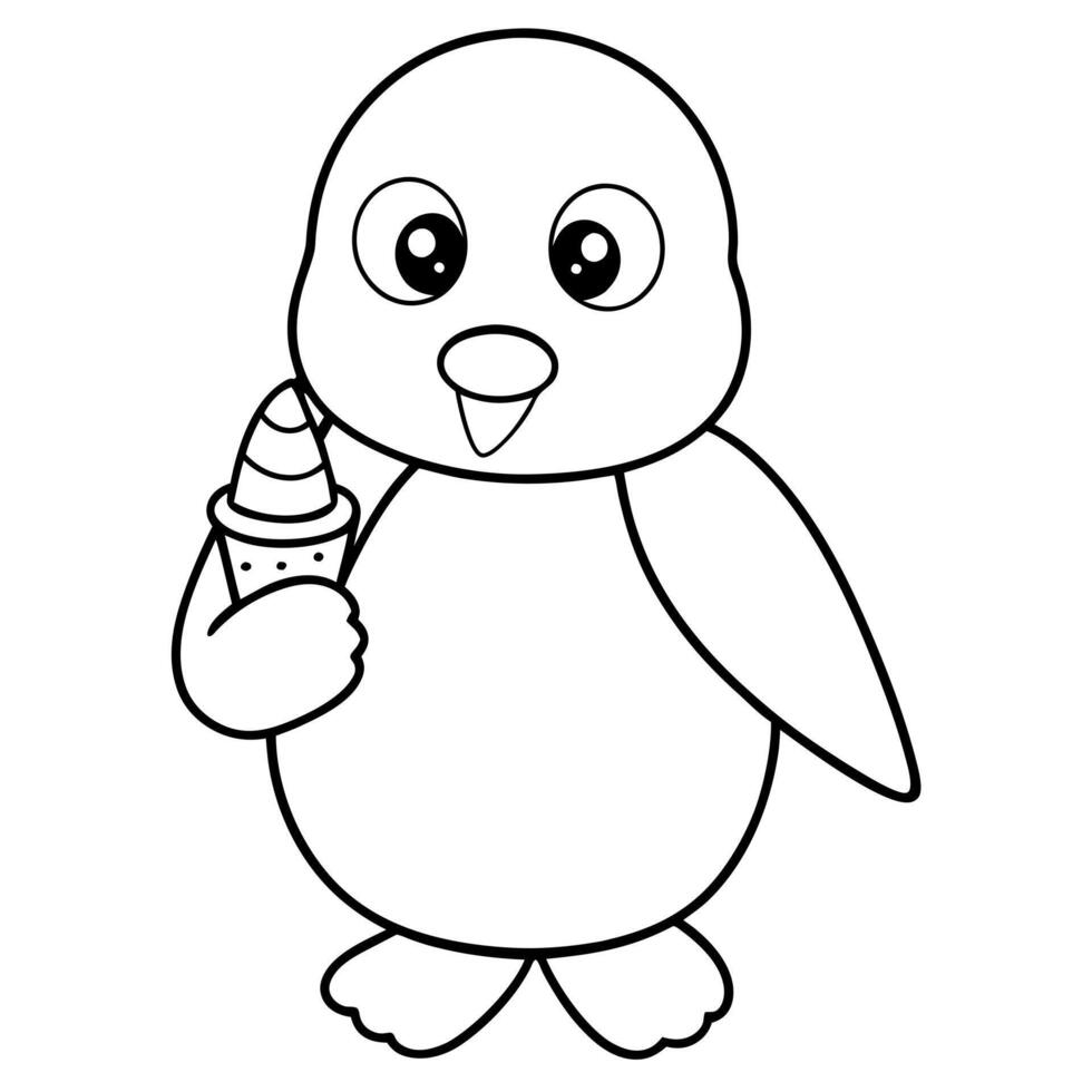 a cute cartoon penguin with an ice cream cone coloring page, illustration line art vector