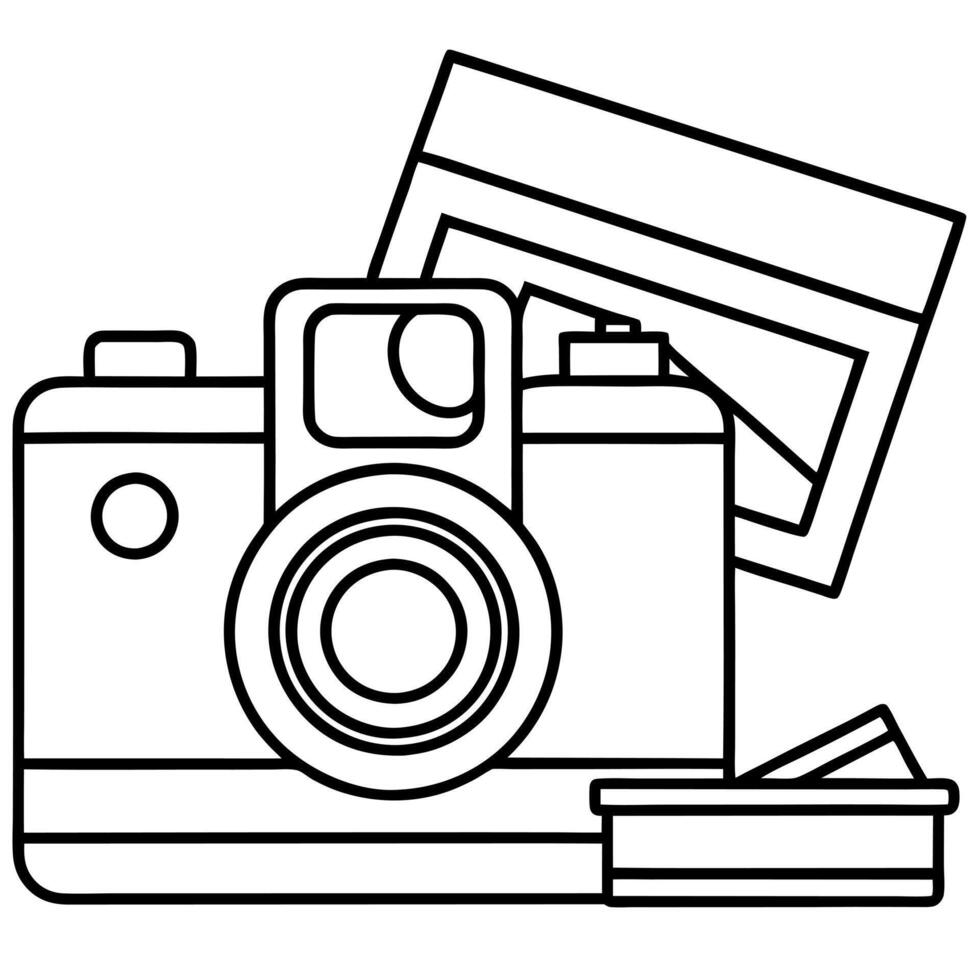 a stylish retro camera on a table with travel postcards, illustration line art vector
