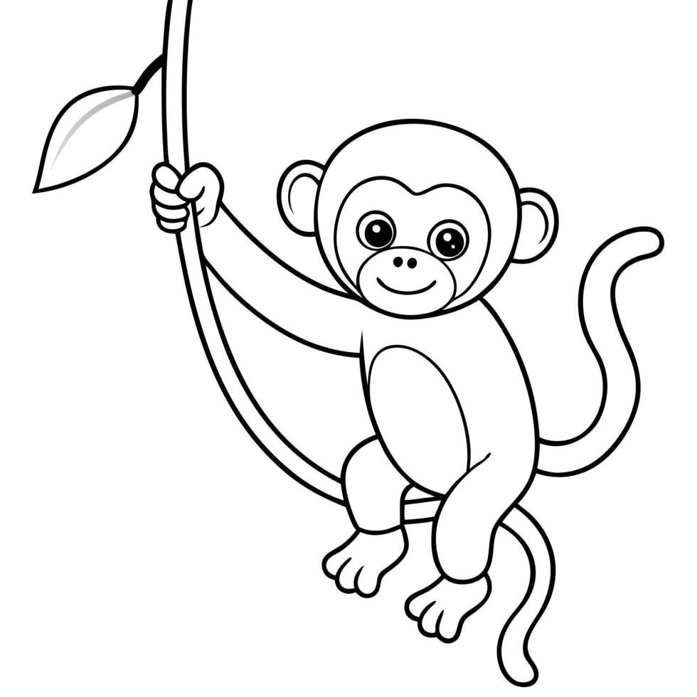 a cute cartoon monkey swinging on a vine with a banana coloring page, illustration line art vector