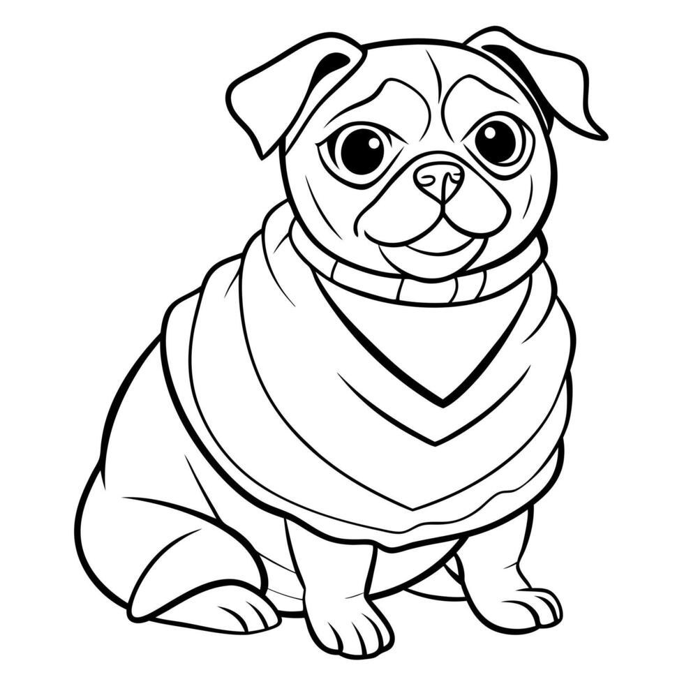 pug dressed in a jack pumpkin lantern costume sits on a floor, close up, illustration line vector