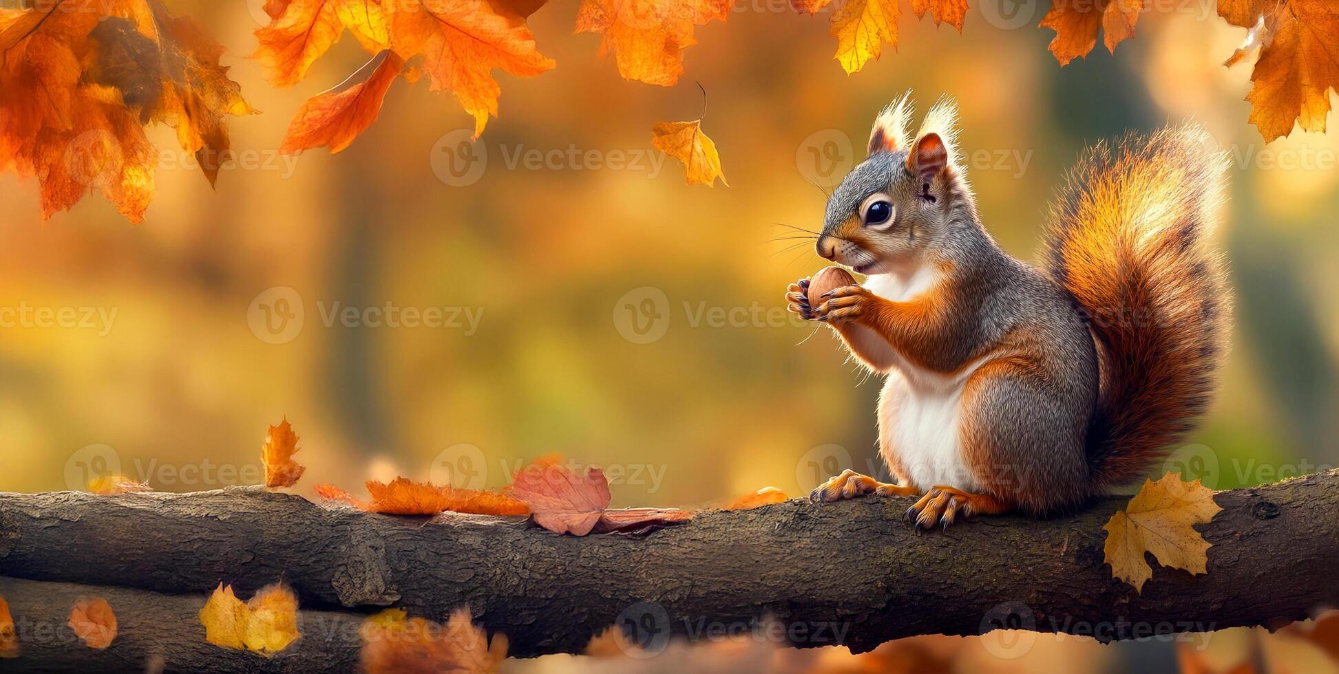 Squirrel sitting on an oak tree branch in autumn, with the colored leaves of the season, eating nuts. A cute animal portrait, wildlife photography in high resolution. photo