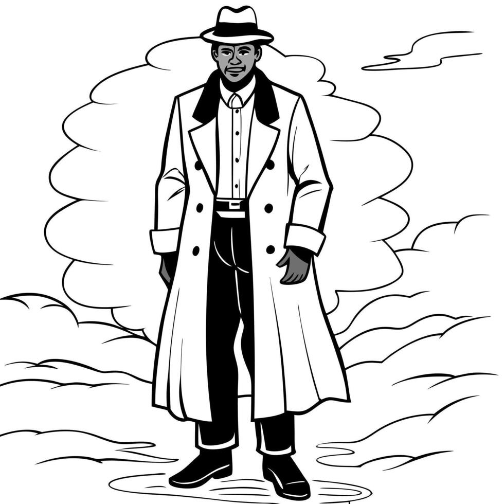 mysterious african american man wearing a long trench coat in the fog noire detective economic vector